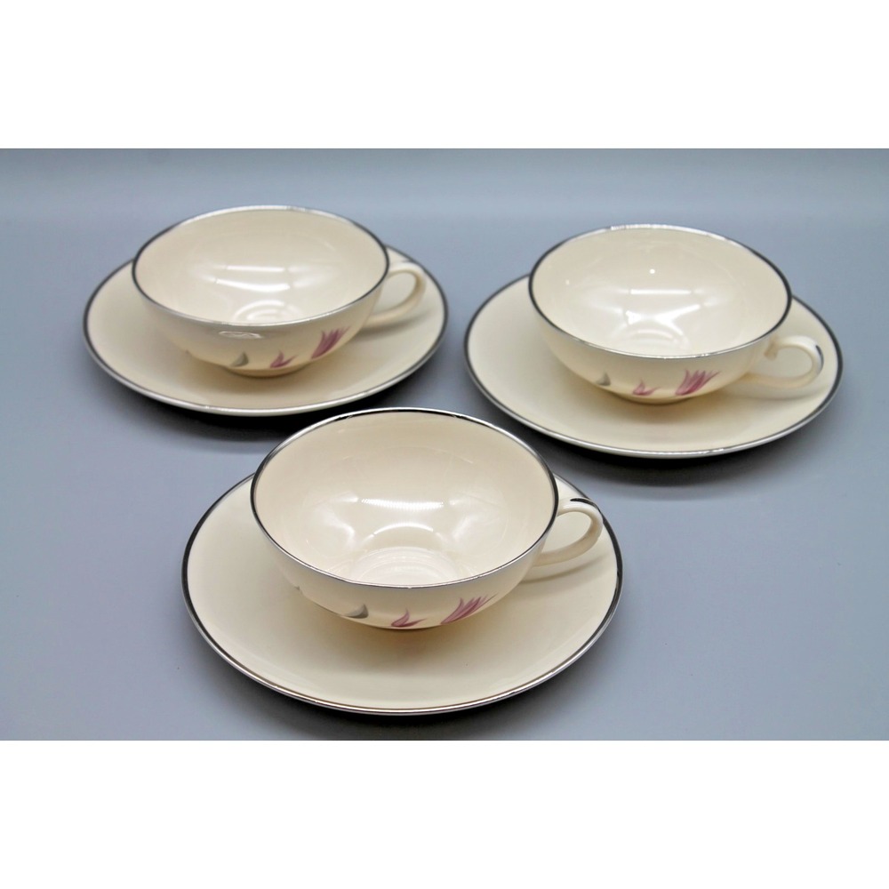 Franciscan Carmel Fine China Cups & Saucers Set of 3 Pink Tulip Platinum Trim